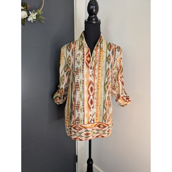 Alfred Dunner  Button-Up Long-Sleeve Roll Tab Shirt With Earthy Aztec Print - 10 - Picture 2 of 10